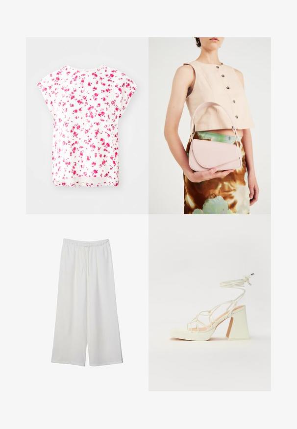 Weißes Oberteil mit floralem Muster in Rosatönen, kurzen Dolmanärmeln und lockerer Passform mit einem runden Halsausschnitt. Strukturierte Stoffdetails.; Weiße, weit geschnittene Hosen aus leichtem Stoff, mit einem elastischen Bund und einem Zugband für eine verstellbare Passform. Glatte Textur.; Weiße High-Heel-Sandale mit einem klobigen Absatz, die über ein Riemchendesign und ein Knöchelband verfügt. Glatte Textur mit einer Plattform vorne für zusätzliche Höhe.; Rosa Lederhandtasche mit gewölbtem Deckel, einem Schulterriemen und klaren Linien. Die Tasche zeigt eine glatte Textur und ein minimalistisches Design.