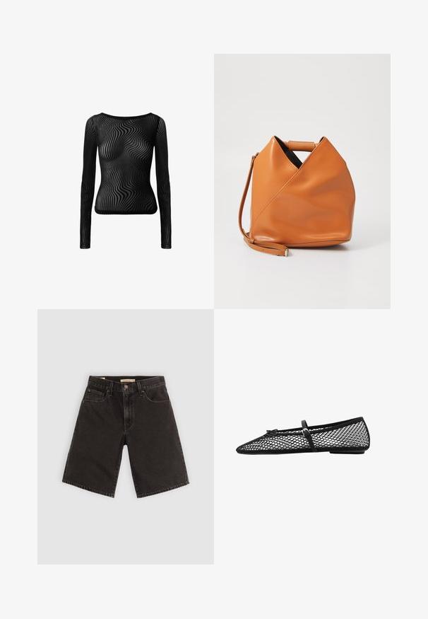 Svart långärmad topp gjord av transparent material med ett vågigt mönster. Har en rundad halsringning och en figurnära silhuett.; Svarta denimshorts med rak skärning, fem fickor och metallbeslag, i ett texturerat tyg och med en standard midjeband.; Svart nätballerina med spetsig tå, dekorativ rem och subtil accent. Har en öppen nätdesign och platt sula.; Tan läderhandväska med unik triangulär vikdesign, topphandtag och avtagbar axelrem på vit bakgrund.