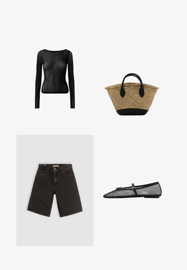 Sort langærmet top lavet af gennemsigtigt materiale med et bølget mønster. Har en scooped halsudskæring og en tætsiddende silhuet.; Sort denim shorts med lige snit, fem lommer og metaldele, med en tekstureret stof og et standard taljebånd.; Sort mesh ballet flad med spidse tæer, dekorativ strop og subtilt accent. Har et åbent netdesign og flad sål.; Vævet stråkurv med en udvidet form, der har en sort læderbund og håndtag. Teksturerede naturlige fibre med glatte sorte detaljer.