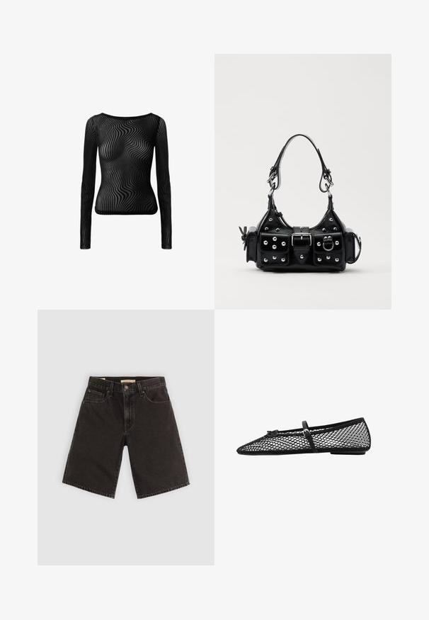 Musta pitkähihainen paita, joka on valmistettu läpikuultavasta materiaalista ja jossa on aaltoileva kuvio. Siinä on pyöreä pääntie ja tiukka siluetti.; Mustat farkkushortsit, joissa on suora leikkaus, viisi taskua ja metalliosia, teksturoitu kangas ja tavanomainen vyötärö.; Musta verkkokuvioinen ballerinatyyppinen kenkä, jossa on kärjeltään terävä muoto ja koristelstrap, sekä huomaamaton yksityiskohta. Kenkässä on avoin verkkotyyli ja litteä pohja.; Musta nahkainen käsilaukku, jossa on kaareva muotoilu, hopeiset niitit, solki ja kaksi sivutaskua. Säädettävä olkahihna erilaisiin kantovaihtoehtoihin.