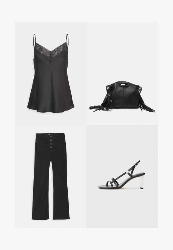 Maje Toppi - noir; Mustat farkut, joissa on leveät lahkeet, korkea vyötärö, viisi taskua ja edessä neljä metallista nappia.; Musta korolliset sandaalit, joissa on useita kapeita hihnoja, slingsback-muotoilu ja hopeinen yksityiskohta kantapään kohdalla. Sileä päällismateriaali ja neliömäinen korko.; Maje MISS MINI - Olkalaukku - noir; Kultaketjua roikkuvat korvakorut, joissa on useita putoavia ketjuja, ja selkeitä ovaaleja rhinestone-akselteja sekä koristeelliset niittitoppaukset.