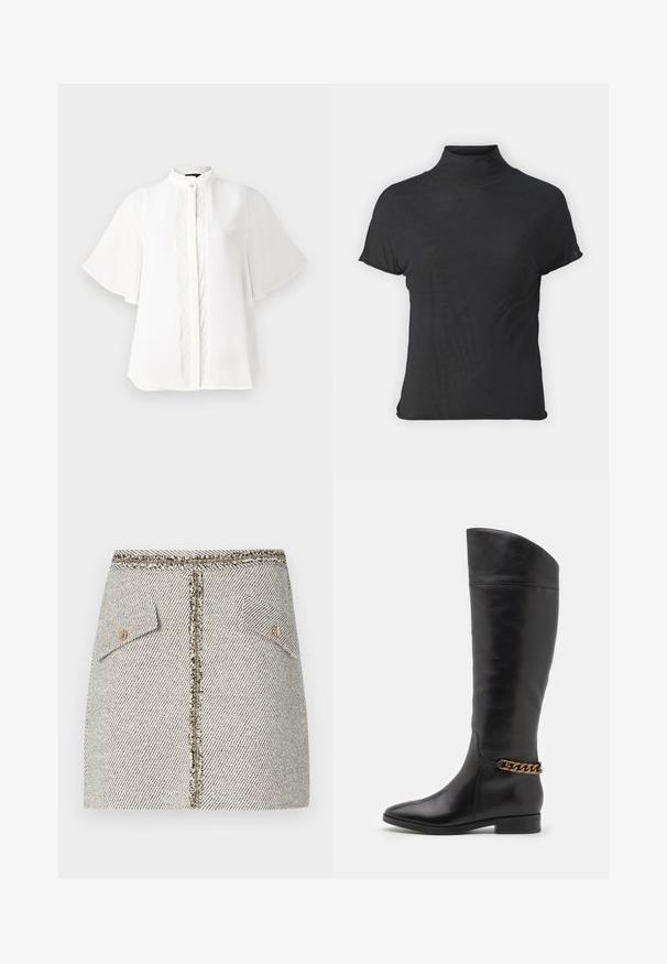 White blouse featuring a high collar, short flutter sleeves, and intricate vertical embroidery down the front. Smooth, lightweight fabric.; Black short-sleeve turtleneck top made of lightweight fabric with a smooth texture and a fitted shape, featuring a high neckline.; Woven tweed skirt in white and black herringbone pattern, features two front pockets and a gold-tone zipper at the back with frayed edges.; Tall black leather boots with a sleek design, pointed toe, and a gold chain accent at the ankle. Low block heel. Smooth texture.