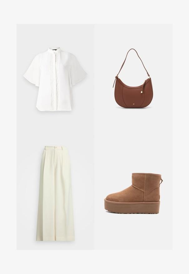 Blusa branca com colarinho alto, mangas curtas onduladas e intrincados bordados verticais na parte frontal. Tecido liso e leve.; Calças de perna larga em tecido bege claro, com cintura alta, pregas duplas e fecho de botão. Textura suave e design ajustado.; Bota ankle em suede bege com sola plataforma, ponta arredondada e acabamentos de costura; conta com uma alça na parte de trás para facilitar o calçar.; Mala de ombro em pele sintética castanha com forma curva, costura minimalista e detalhe em metal dourado. Apresenta fecho de zíper no topo e alça ajustável.