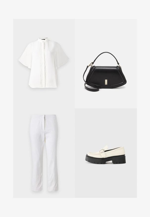 White blouse featuring a high collar, short flutter sleeves, and intricate vertical embroidery down the front. Smooth, lightweight fabric.; White cotton pants with a straight leg design, featuring a mid-rise waist and no visible hardware or patterns. Smooth texture throughout.; White leather loafer with a chunky black platform sole, featuring a rectangular silver buckle and visible stitching detail on the upper.; Black leather handbag with a structured design, featuring a cropped shape, top handle, and gold hardware accent. Adjustable shoulder strap included.