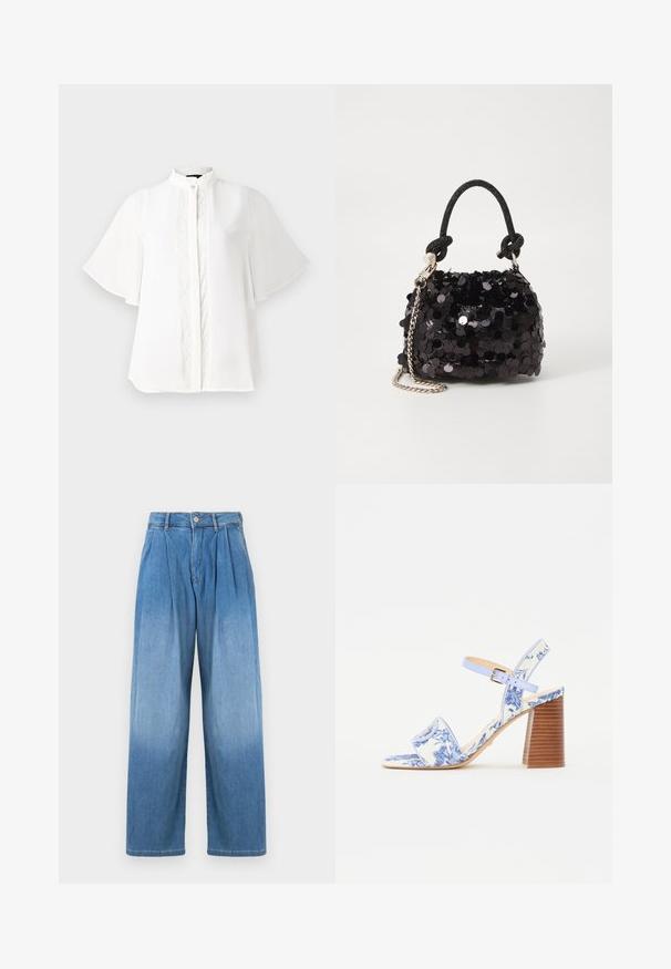 Bijela bluzica s visokim kragnom, kratkim lepršavim rukavima i složenim okomitim vezom duž prednje strane. Glatka, lagana tkanina.; Svijetloplave traperice viskog struka, opuštenog širokog kroja s prednjim nabranjem. Imaju kopčanje na gumb i patentni zatvarač.; Plave sandale s cvjetnim uzorkom, kvadratnog vrha, širokim remenom i podesivim remenom oko gležnja, s teksturiranim drvenim blok potplatom.; Crna mini torbica sa šljokicama, s čvorastim teksturiranim remenom i srebrnim lancem. Zaobljenog oblika s naboranim vrhom i reflektivnim detaljima.