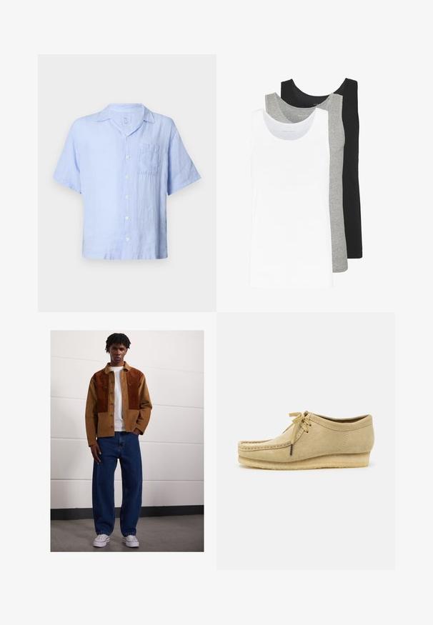 Light blue linen short-sleeve shirt featuring a button-up front, a single chest pocket, and a relaxed fit. Soft texture and breathable material.; Three tank tops in white, gray, and black. Each features a classic sleeveless design, made from lightweight cotton fabric with a ribbed texture.; Man standing indoors wearing a brown corduroy jacket with rust patches, white t-shirt, loose blue jeans, and white sneakers.; Beige suede shoe with a lace-up design, stitched detailing, and a rubber sole. The shape is casual with a slight wedge heel.