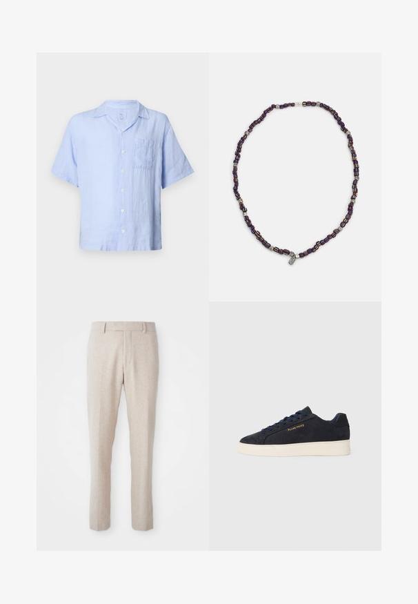 Šviesiai mėlyna lininė marškinė su trumpomis rankovėmis, su mygtukų užsegimu, viena krūtinės kišene ir laisvu siluetu. Minkšta tekstūra ir kvėpuojanti medžiaga.; Šviesiai rudos pintos kelnės su tiesiu siluetu, su plokščiu priekiu, diržo kilpelėmis ir be matomų raštų ar metalinių detalių.; Tamsiai mėlynos zomšos žemos batai su balta siaura, tamsiai mėlynais raišteliais ir auksiniu logotipu „Filling Pieces“ šone.; Daugiaspalvė karoliukų apyrankė su tamsiai mėlynais, raudonais ir geltonais karoliukais, išsidėsčiusiais kartu su sidabriniais akcentais ir kabamu žavesiu.