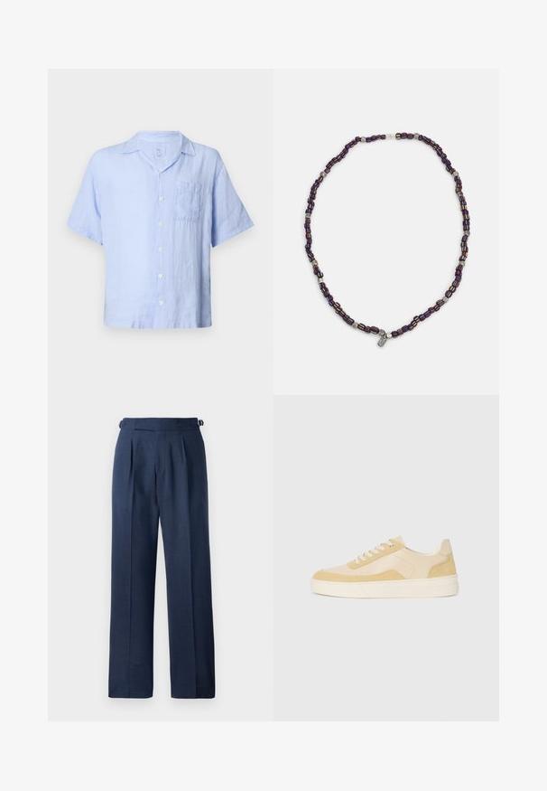 Hele helge sinine linane lühikeste varrukatega särk, millel on nööbiga esiosa, üks rinnatasku ja mugav lõige. Pehme tekstuur ja hingav materjal.; Tumed sinise värviga kohandatud püksid, mis on valmistatud tekstureeritud kangast, kõrge talje, kortsude ja kohandatavate külgrihmadega sobivuse tagamiseks.; Kergedest kollases nahast ja nubukist spordijalatsid, millel on pehme tald ja õmmeldud detailid. Klassikaline nööridega disain ümmarguste varvastega.; Mitmevärviline helmedega kaelakee, kus on tume sinised, punased ja kollased helmed, mille vahel on hõbedased aksessuaarid ja rippuv ripats.