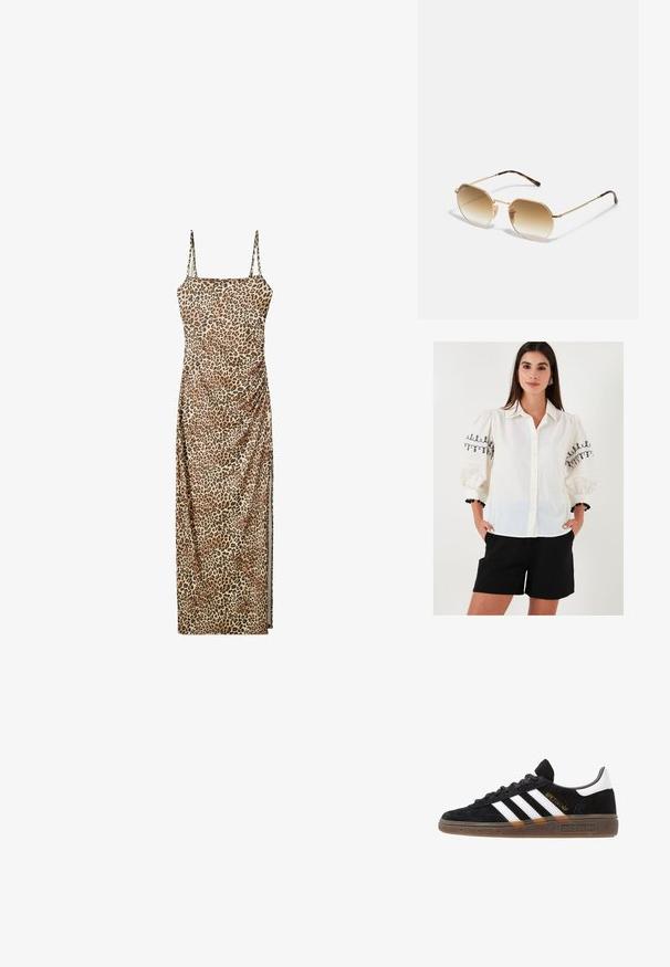 Cămașă albă cu butoni, cu modele florale negre brodate pe mânecile puff; asortată cu pantaloni scurți negri și o brățară decorativă.; Rochie maxi cu imprimeu de leopard, cu bretele reglabile, detalii pliate pe lateral și un material fin, ușor.; Sneaker Adidas negre cu dungi albe, text aurit "Spezial", talpă din cauciuc și tab de călcare alb, prezentat din vedere laterală.; Ochelari de soare din metal auriu cu ramă octagonală, lentile brown cu gradient și accente din scoică țestoasă pe brațe. Design ușor.; Ceas rectangular de culoare aurie cu un cadran alb, marcaje de oră minimaliste și o brățară din plasă metalică. Prezintă o coroană pe lateral pentru ajustarea timpului.