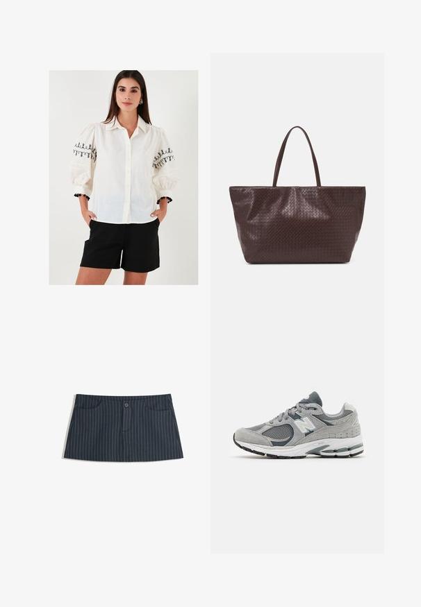 Bela srajca z gumbi in črnimi vezenimi cvetličnimi motivi na napihnjenih rokavih; v paru s črnimi kratkimi hlačami in okrasno zapestnico.; Mornarsko modra mini krila s prugicami, z sprednjimi žepi in enim gumbom za zapiranje na pasu.; Sive češnje z mrežastim in usnjenim materialom, ki imajo belo logotip, oblazinjen ovratnik in teksturiran gumijast podplat. Akcenti v temnejši sivi barvi.; Brahna tkanina iz usnja v rjavi barvi s tema dvema ročajema, strukturo obliko in teksturirano površino, ki vsebuje diamante vzorec po celotni površini.