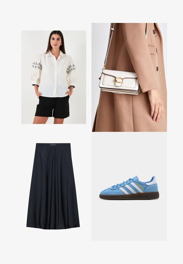 Valge nööpidega särk mustade tikitud lillemusterdega puhvplekkide puhul; koos mustade lühikeste pükste ja dekoratiivse käevõruga.; Must have pikk, kerge materjaliga must seelik, millel on voogav disain. Omab siledat tekstuuri ja peeneid voldikesi lisadetailiks.; Heledad sinised sametist tossud valgete nahkristidega, pruuni tekstureeritud tallaga ja kuldse logo detailiga. Madal disain lõpus ümarate varvastega.; Valge nahast õlavarre kott kuldse klambriga, millel on struktureeritud disain, kontrastsed servad ja õhuke reguleeritav rihm.