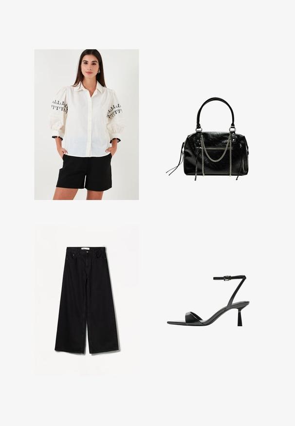 Witte blouse met zwarte geborduurde bloemmotieven op de geplooide mouwen; gecombineerd met zwarte shorts en een decoratieve armband.; Bershka WIDE-LEG - Wide leg - black; Bershka Sandalen met hoge hak - black; Bershka WITH CHAIN - Handtas - black