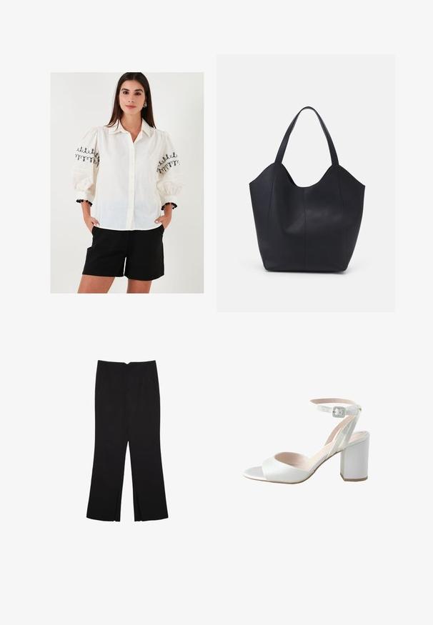 Biely košeľový top s čiernymi vyšívanými kvetinovými vzormi na vypuklých rukávoch; kombinovaný s čiernymi šortkami a dekoračným náramkom.; Čierne nohavice so strihom rovného strihu, s prednými vreckami a bočnými rozparkami na leme. Vyrobené z mäkkej, hladkej tkaniny. Vhodné na rôzne príležitosti.; Biele sandále na vysokom opätku so lesklým saténovým povrchom, širokým blokovým opätkom a členkovým remienkom so malou prackou. Hladký na dotyk, minimalistický dizajn.; Čierna taška s dlhým uchom vyrobená z hladkej kože, s oblým otvoreným vrchom a dvoma ramennými popruhmi, minimalistického dizajnu.