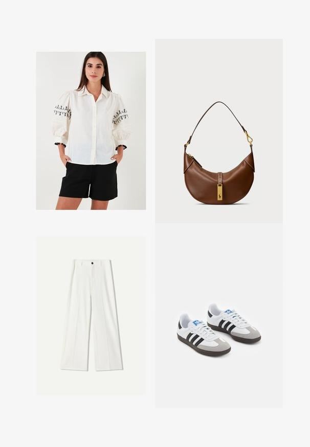 Bijela košulja s dugim rukavima i crnim izvezenim cvjetnim uzorcima na napuhanih rukavima; uparena s crnim šortsem i dekorativnom narukvicom.; Bijele široke hlače napravljene od glatkog materijala, s prednjim dugmadi i naborima. Ravni dizajn sprijeda, bez vidljivih džepova.; Sportske cipele s gornjištem od bijele kože, sivi suedinasti nos i tri crne pruge. Imaju plavi logo na jeziku i teksturiranu gumenu podlogu.; Smeđa kožna torba za rame s zakrivljenim oblikom, zlatnim dijelovima, detaljem gornjeg kopčanja i naglaskom na logu. Glatka tekstura s ušivenim rubovima.