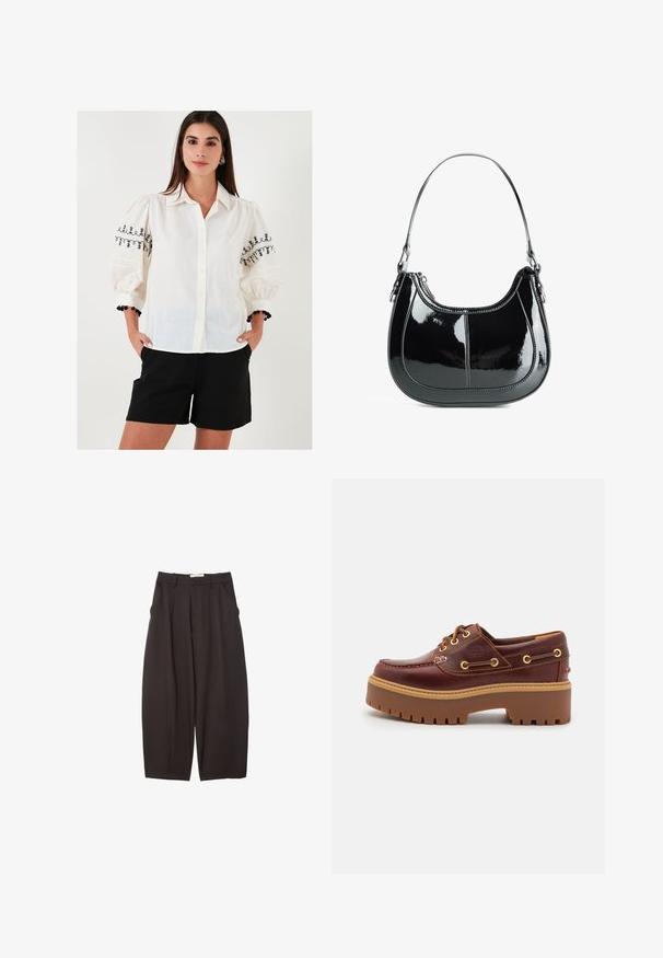 White button-up shirt with black embroidered floral designs on puffed sleeves; paired with black shorts and a decorative bracelet.; Black wide-leg trousers made from a smooth fabric, featuring a high waist, front pleats, and side pockets. Simple design without embellishments.; Brown leather boat shoe with a chunky brown rubber sole, gold eyelets, and contrast stitching. Features a logo on the side.; Black patent leather handbag with a curved design, zip closure, and a single shoulder strap featuring silver-tone hardware and stitching accents.