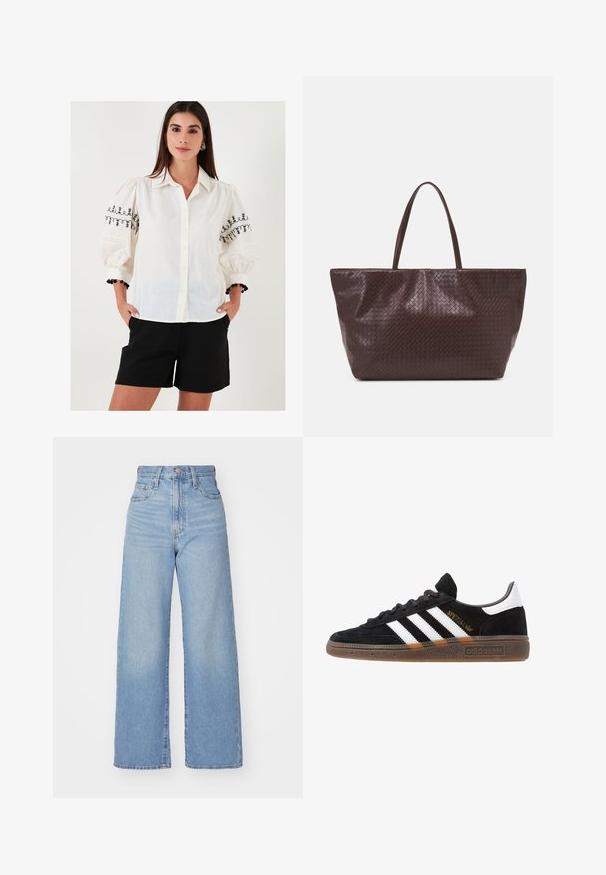 Biała koszula zapinana na guziki z czarnymi haftowanymi wzorami kwiatowymi na bufiastych rękawach; zestawiona z czarnymi szortami i ozdobną bransoletką.; Jasnoniebieskie jeansy z wysokim stanem i szerokimi nogawkami, z zapięciem na guziki i zamek z przodu, przednie i tylne kieszenie, na białym tle.; Czarny sneaker Adidas z białymi paskami, złotym napisem "Spezial", gumową podeszwą i białym elementem przy pięcie, przedstawiony w widoku z profilu.; Brązowa pleciona torba na ramię ze skórzanym wykończeniem, z dwoma uchwytami, o usztywnionym kształcie i teksturowanej powierzchni, z charakterystycznym wzorem w diamenty.