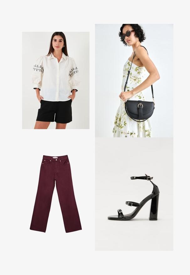 Bílá košile s knoflíky, ozdobená černými vyšívanými květinovými vzory na nabraných rukávech; spárována s černými šortkami a dekorativním náramkem.; Burgundské džíny s vysokým pasem a rovnými nohavicemi, s předními kapsami, zapínáním na knoflík a měděnými kovovými akcenty.; Černé lakované sandály na podpatku se čtveratou špičkou, lýtkovými pásky a stříbrnými přezkami. Disponují masivním blokovým podpatkem pro stabilitu.; Černá kožená kabelka s křivkovým tvarem, odnímatelným popruhem a zlatými detaily. Kabelka má klopu s přezkou.