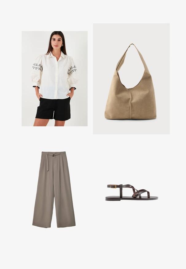 Biely košeľový top s čiernymi vyšívanými kvetinovými vzormi na vypuklých rukávoch; kombinovaný s čiernymi šortkami a dekoračným náramkom.; Široké nohavice v jemnej, tlmenej šedej tkanine, s opaskom v pase a vreckami pre dodatočný dizajnový detail. Hladký povrch, bez vzorov.; Hnedé kožené sandály s krížovými popruhmi, uzatváraním na pracku okolo členku a plochou podrážkou s minimálnymi ševmi.; Hobo taška z mäkkej béžovej semišovej kože so splývavým tvarom, širokým ramenným popruhom a ručne šitým detailom švu na prednej strane.