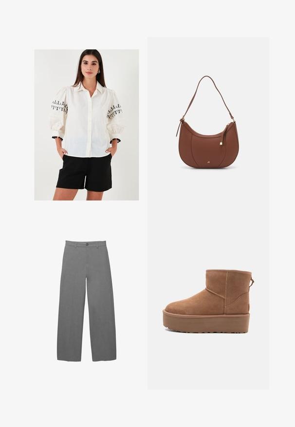 Valkoinen napillinen pusero, jossa on mustat brodeeratut kukkakuviot puffihihnoissa; yhdistetty mustiin shortseihin ja koristeelliseen rannekoruun.; Vaaleanharmaat leveälahkeiset housut, joissa on sileä, teksturoitu kangas, edessä nappisuljenta ja vyölenkit vyötäröllä.; Tan suede nilonini kidogo chukua na sahani ya jukwaa, mguu wenye umbo la duara, na mapambo ya kushona; inajumuisha kipande cha kubana nyuma kwa kuvaa kwa urahisi.; Ruskea keinonahkainen olkalaukku, jossa on kaareva muoto, minimaalinen ompelu ja kultasävyinen varuste. Varustettu ylhäältä avautuvalla vetoketjullisella suljennalla ja säädettävällä hihnalla.