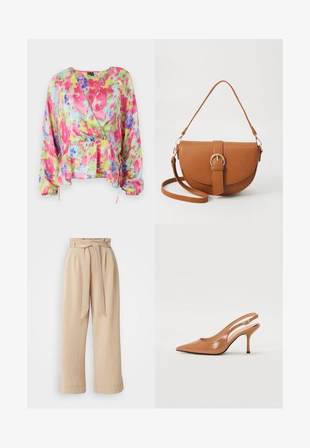 Värvikas lillemustriga ümbrikpluus kergest, kortsustatud kangast. Omab roosa, kollase ja sinise mustriga disaini, kogutud vöökohta ja puhvike sleeves.; Bežid laiad püksid, millel on rihmaga vöö, valmistatud tekstuurlisest kangast. Omavad esikurtse ja sujuvat viimistlust ääres.; Küüntega slingback konts, mis on valmistatud siledast ja läikivast tan värvi materjalist. Omab kaarjat lõigatud disaini ja õhukest stiletto kontsa. Hõbedane pandla detail.; Pruun nahast õlakott, millel on kumer kuju, kullavärvi riistvara ja pandlaga kaunistus. Omab eemaldatavat õlarihma.