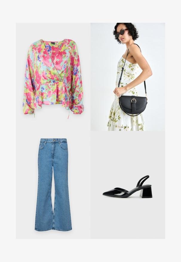 Bluza floral colorată, cu wrap, dintr-un material ușor, creponat. Prezentând modele în nuanțe de roz, galben și albastru, cu talie strânsă și mâneci tip balon.; Jeanși evazați de culoare albastru deschis, din denim, cu talie înaltă, cinci buzunare și închidere cu un singur buton. Textură moale cu un finisaj decolorat.; Pantofi cu toc slingback din piele lacuită neagră, cu vârf ascuțit și toc geometric. Prezintă un design elegant, minimalist și o textură netedă.; Geantă din piele neagră, cu o formă curbată, curea detașabilă și accesorii aurii. Geanta are un capac cu un detaliu tip cataramă.