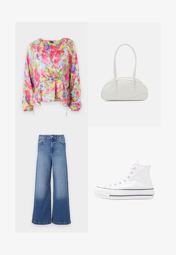 Farverig blomsterindpakning bluse i let, krøllet stof. Har rosa, gul og blå mønstre med en indsnævret talje og ballonærmer.; Bredde ben jeans i lys blå denim. Har høj talje, fem-lomme design og subtil falmning ved kanten. Klassiske syninger.; Hvide høje kanvas sneakers med sort gummisål, gummitåhætte foran og seks øjehuller til snørebånd, der har et rent, minimalistisk design.; Even&Odd Håndtasker - off-white