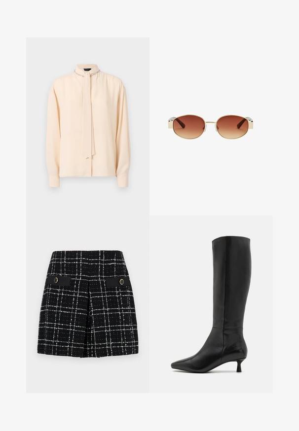 Cream blouse with a raised collar, tie detail, long sleeves, and subtle sheen; features decorative chain accents at the neck.; Black and white plaid skirt made of textured fabric, featuring two front pockets with black accents and circular gold hardware.; Zign Boots - black; Round sunglasses with a gold metal frame, brown gradient lenses, clear plastic accents on the sides, and brown patterned temple arms.; Gold-tone bangle with a smooth exterior and textured interior. Features a wide, rounded design with an open cut-out on one side.