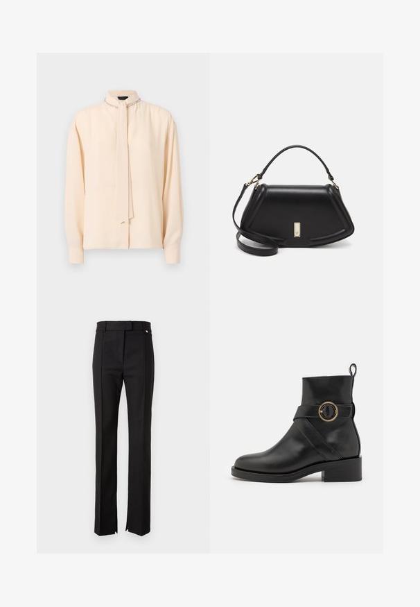 Cremefarbige Bluse mit erhöhtem Kragen, Krawatten-Detail, langen Ärmeln und subtiler Glanz; verfügt über dekorative Kettenakzente am Hals.; Schwarze maßgeschneiderte Hosen mit geradem Beinschnitt, ausgestattet mit einem Bund mit Knopfverschluss und seitlichen Schlitzen am Saum.; BOSS IRYNA BOOTIE - Plateaustiefelette - black; Schwarze Lederhandtasche mit einem strukturierten Design, das eine verkürzte Form, einen oberen Griff und goldfarbene Hardware-Details aufweist. Verstellbarer Schulterriemen ist enthalten.