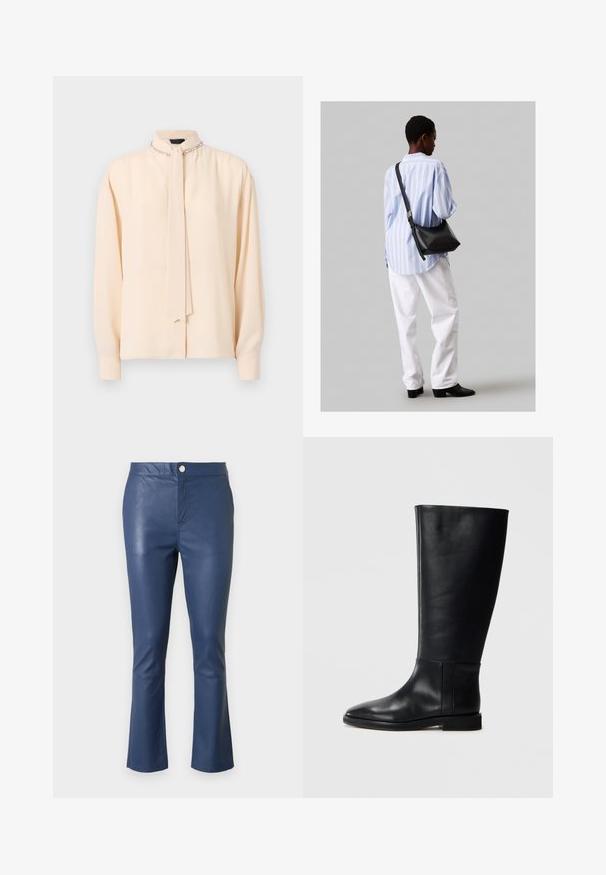Cremefarbige Bluse mit erhöhtem Kragen, Krawatten-Detail, langen Ärmeln und subtiler Glanz; verfügt über dekorative Kettenakzente am Hals.; Navyblaue Lederhosen im Slim-Fit-Stil mit ausgestellten Säumen, vorderem Knopfverschluss und glatter Textur. Sichtbare Nähte entlang der Säume.; Schwarze Lederstiefel bis zum Knie mit runder Zehenform, glatter Textur, minimalistischem Design und flacher Sohle. Einfache Nahtdetails am Schaft.; Schwarze Leder-Umhängetasche mit weicher Textur, dreieckiger Form und verstellbarem Tragegurt, kombiniert mit einem hellblauen gestreiften Hemd und weißen Hosen.
