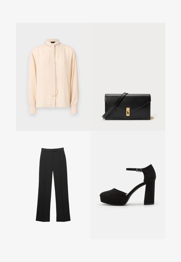 Krémová blúzka s vyvýšeným golierom, detailom na viazanie, dlhými rukávmi a jemným leskom; obsahuje dekoratívne reťazové akcenty na krku.; Čierne nohavice so širokými nohavicami vyrobené z jemnej látky, s rovnou prednou časťou, pútkami na opasok a bez viditeľných vreciek, so strihaným priliehavým strihom.; Čierne semišové platformové opätky s hrubým blokovým opätkom, zaoblenou špičkou a remienkom okolo členka zabezpečeným kovovou prackou. Hladký povrch po celom obvode.; Čierna kožená peňaženka s preklápacou klopou, zlatými kovovými detailmi a logom. Obsahuje odnímateľný popruh na nosenie.