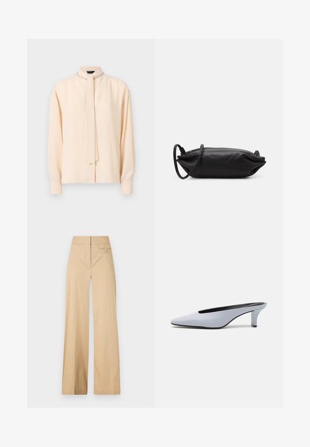 Kerman paita, jossa on kohotettu kaulus, solmunit yksityiskohta, pitkät hihat ja hillitty kiilto; kaulassa koristeellisia ketjuaksentteja.; Hiekanväriset leveälahkeiset housut, jotka on valmistettu puuvillasekoituksesta. Niissä on sileä pinta, joustava vyötärö ja sivunappidetail.; Vaaleansiniset patentoidut korkokengät, joissa on terävä kärki, matala läpinäkyvä korko ja tyylikäs muotoilu, jossa on aukko vampissa.; Musta nahkainen kukkaro, jossa on suorakaiteen muoto, sileä pinta, ohut olkahihna ja minimalistinen muotoilu.