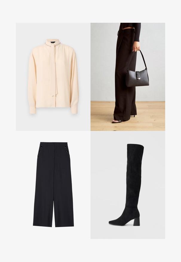 Cremefarbige Bluse mit erhöhtem Kragen, Krawatten-Detail, langen Ärmeln und subtiler Glanz; verfügt über dekorative Kettenakzente am Hals.; Weite Hosen aus dunkelblauem Stoff mit einer glatten Textur, Vorderfalten und dekorativen goldfarbenen Ösen an den Seitentaschen.; Schwarze Wildleder-Stiefel bis zum Knie mit Blockabsatz, spitzer Zehe und glattem, nahtlosem Design auf einem schlichten, hellen Hintergrund.; Schwarze Handtasche mit strukturierter Form, glatter Textur und einem metallischen Verschluss. Kombiniert mit weiten schwarzen Hosen und offenen Sandalen auf einem Holzboden.