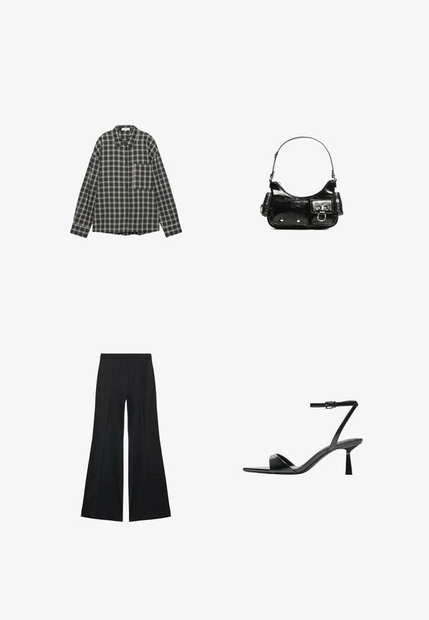 Tummansininen ja kermaharmaa ruudullinen pitkähihaisa paita, jossa on napitus edessä, kaulus ja rintatasku. Valmistettu pehmeästä, teksturoidusta kankaasta.; Mustat leveälahkeiset housut, joissa on sileä pinta, etupuolella laskokset ja muotolaskettu malli. Kangas on kevyttä ja laskeutuvaa.; Bershka Korolliset sandaalit - black; Mustekko mustasta kiiltonahasta valmistettu käsilaukku, jossa on kaareva muoto, yksi olkahihna, etutaskut ja hopeanväriset yksityiskohdat.