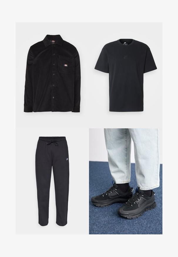 Juodas kordūrinis marškiniai su mygtukų apykakle, ilgomis rankovėmis, priekinėmis kišenėmis ir logotipo etikete. Ypatingas audinio raštas.; Juodas medvilninis Nike marškinėliai su klasikinėmis apykaklėmis, trumpomis rankovėmis ir subtiliu, įspaustu logotipu ant krūtinės. Sklandus tekstūra.; Juodos sportinės kelnės, pagamintos iš minkštos medžiagos, su elastinga juostele, raišteliu ir mažuoju Nike logotipu kairiajame šlaunyje.; Juodi sportiniai bateliai su tekstūruota medžiaga ir guminiais padais, su elastingomis raišteliais ir mėlynu akcentu ant kulno. Dėvimi su šviesiai mėlynomis džinsinėmis kelnėmis.
