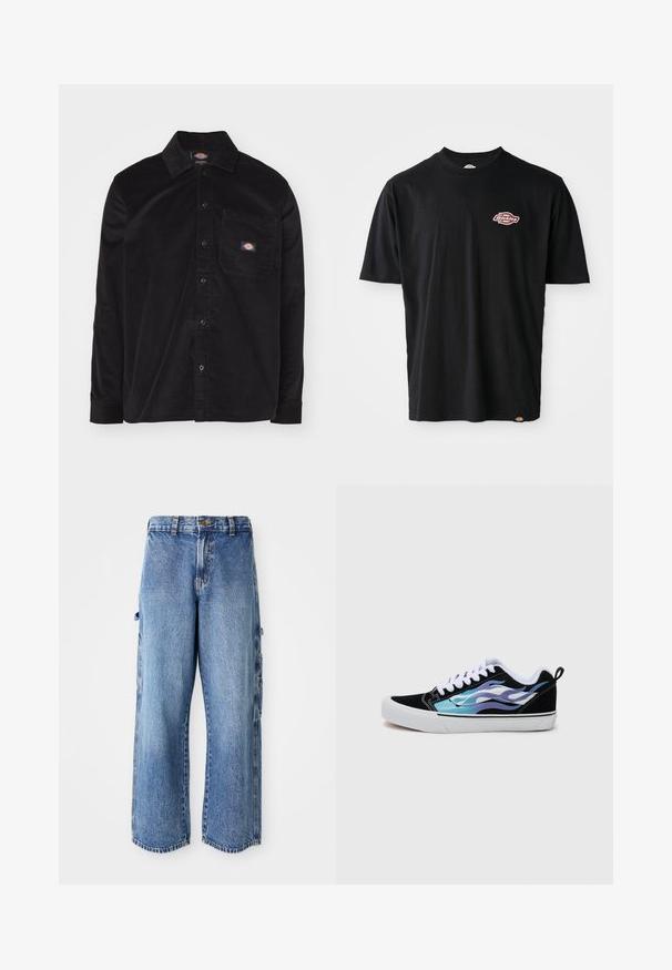 Schwarzes Cordhemd mit Button-Down-Kragen, langen Ärmeln, Fronttasche und Logopatch. Verfügt über ein strukturiertes Gewebe-Muster.; Schwarzes Baumwoll-T-Shirt mit rundem Halsausschnitt, kurzen Ärmeln und einem kleinen roten und weißen Dickies-Logo auf der Brust. Klassischer Schnitt.; Hellblaue Denim-Cargo-Hose mit weitem Schnitt, seitlichen Taschen, einer distressierten Textur und einem leicht ausgefransten Saum.; Schwarze Wildledersneaker mit einer weißen Gummisohle. Mit schimmernden blauen und lila Flammenmotiven. Weiße Schnürsenkel und eine Zuglasche hinten.