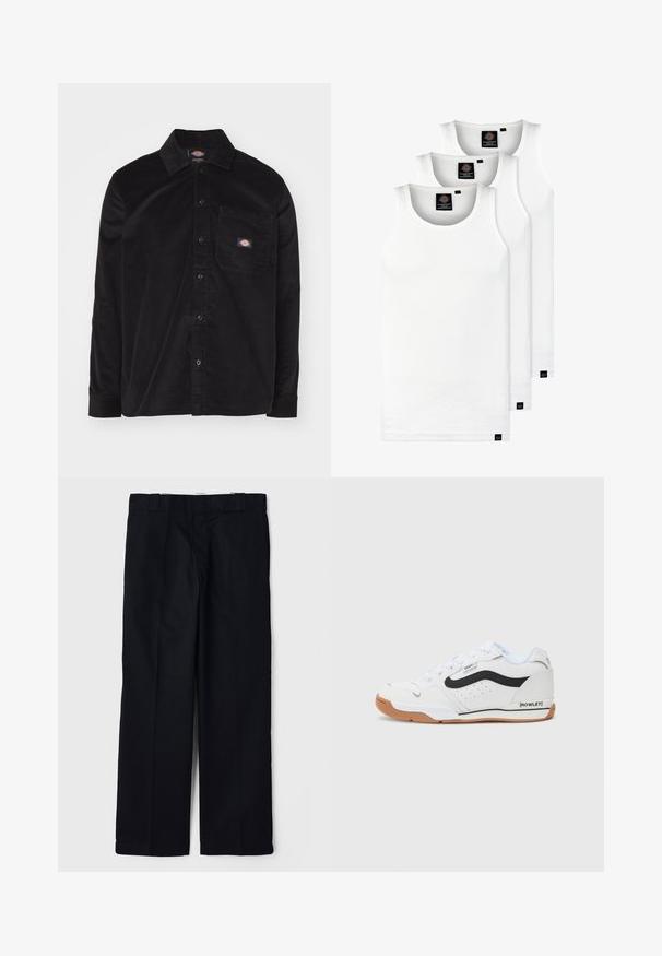 Zwarte corduroy blouse met een button-down kraag, lange mouwen, een voorzak en een logo-label. Heeft een textuurpatroon in de stof.; Drie witte geribde tanktops van katoen. Kenmerken zijn een ronde hals en kleine zwarte labels nabij de zoom. Verkrijgbaar in meerdere maten.; Zwarte broek van een gladde stof, met een recht model, zijzakken en een klassieke tailleband met riemlussen.; Witte sneaker met zwarte accenten, gestructureerde bovenkant, rubberen zool en geperforeerde details. Bevat ronde veters en een gebrandmerkte zijkant.