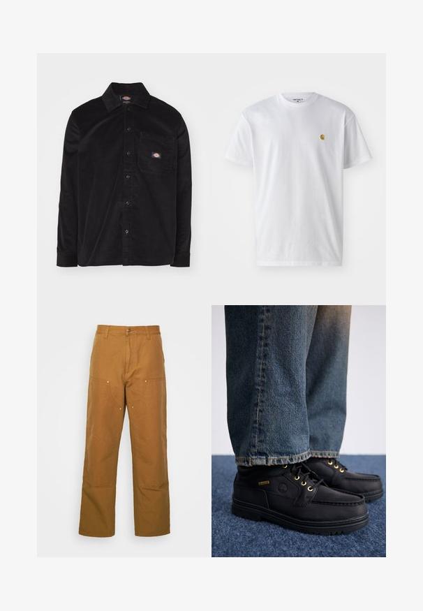 Musta corduroy-paita, jossa on napitettavat kaulus, pitkät hihat, etutasku ja logo-patch. Sisältää tekstuuripinta-mallin.; Valkoinen puuvillapaita lyhyillä hihoilla, pyöreä kaula-aukko, jossa on pieni kultainen logo vasemmassa rintapielessä. Pehmeä kangas ja normaali istuvuus.; Ruske puuvillased utiliitpüksid sirge jala lõikega, millel on ees taskud ja metallist detailid lisakestvuse tagamiseks.; Musta nahkakengät kultaisilla rei'illä ja tekstuuripinnalla, yhdistettynä sinisiin farkkuihin. Kengissä on kerroksellinen pohja ja brändäysyksitys.
