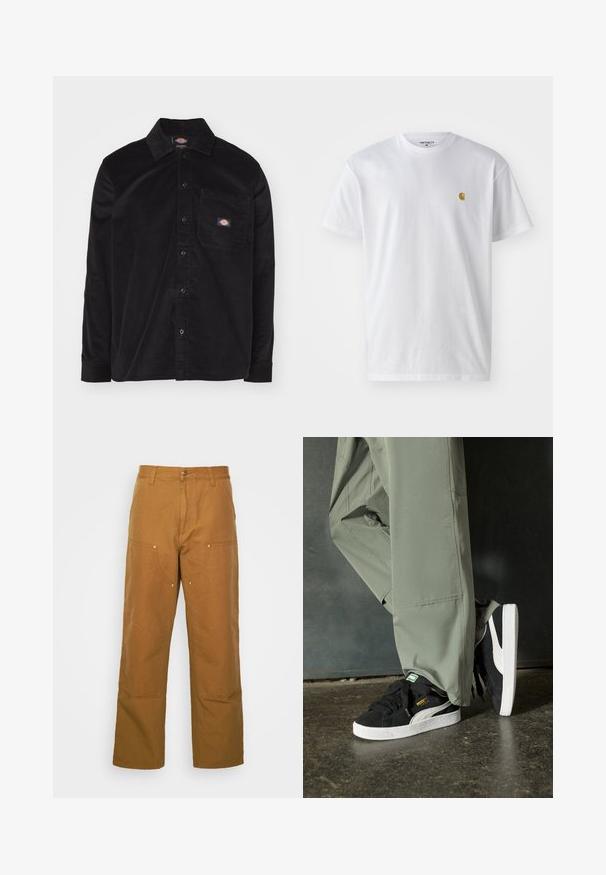 Crna korduro vrata sa kragnom koja se zakopčava, dugim rukavima, prednjim džepom i logom. Ima teksturirani uzorak tkanine.; Bijela pamučna majica kratkih rukava s okruglim izrezom, sa malim zlatnim logotipom na lijevoj strani prsnog koša. Mekana tekstura i standardni kroj.; Smeđe pamučne radne hlače ravnog kroja, s prednjim džepovima i metalnim detaljima za dodatnu izdržljivost.; Crne nubuk tenisice s bijelim gumennim potplatima i bočnim trakama, uparene s svijetlozelenim cargo hlačama, stoje na teksturiranoj tamnoj površini.