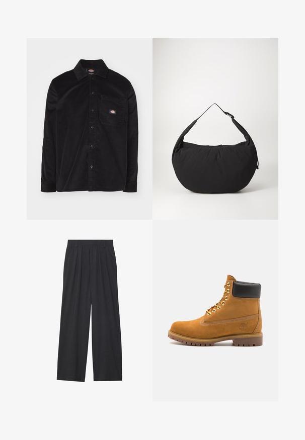 Fekete bordás ing gombos gallérral, hosszú ujjakkal, elülső zsebbel és logós folttal. Texturált anyagmintázattal rendelkezik.; Sötétszürke anyagból készült, bő szárú nadrág. Ráncokkal a deréknál, elegáns fazonnal és egyenes sziluettel rendelkezik.; Barna velúr bokacipő fekete párnázott gallérral, arany fém fűzőlyukakkal, fehér varrási részletekkel és durva gumitalppal, amelynek kifejezett barázdái vannak.; Fekete szövet válltáska ívelt formával, egyetlen pánttal és cipzáras záródással. Puha tapintás, minimalista dizájn.
