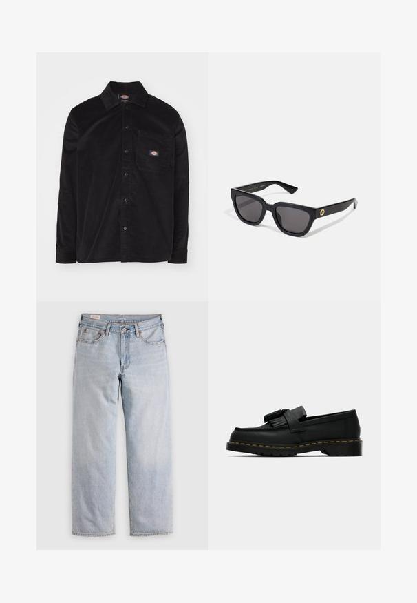 Musta corduroy-paita, jossa on napitettavat kaulus, pitkät hihat, etutasku ja logo-patch. Sisältää tekstuuripinta-mallin.; Vaaleansiniset suorat farkut, joissa on korkea vyötärö, nappikiinnitys ja etu- ja takataskut, esillä tasaisella pinnalla.; Musta nahkakalvosin tupsuilla, keltainen tikkaus pohjan ympärillä ja paksu, uritettu kumipohja.; Musta suorakulmionmuotoinen aurinkolasit, joissa on kiiltävä viimeistely, tummat linssit ja kultainen yksityiskohta templellä, jossa on logo.