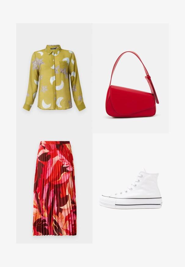 Košeľa s dlhým rukávom a golierom v olivovej zelenej farbe, so vzormi hviezd a polmesiaca v béžovej a bielej farbe. Ľahký materiál s hladkou textúrou.; Plisovaná maxi sukňa v živých červených, ružových a hnedých kvetinových vzoroch. Elastický pás a hladká textúra zvyšujú pohodlie a štýl.; Biele vysoké plátené tenisky s čiernou gumovou podošvou, prednou gumovou špičkou a šiestimi okami na šnúrky, s čistým, minimalistickým dizajnom.; Červená kožená kabelka s ostrým, geometrickým dizajnom. Má jeden nastaviteľný popruh a uzatváranie na klopu so šitím.