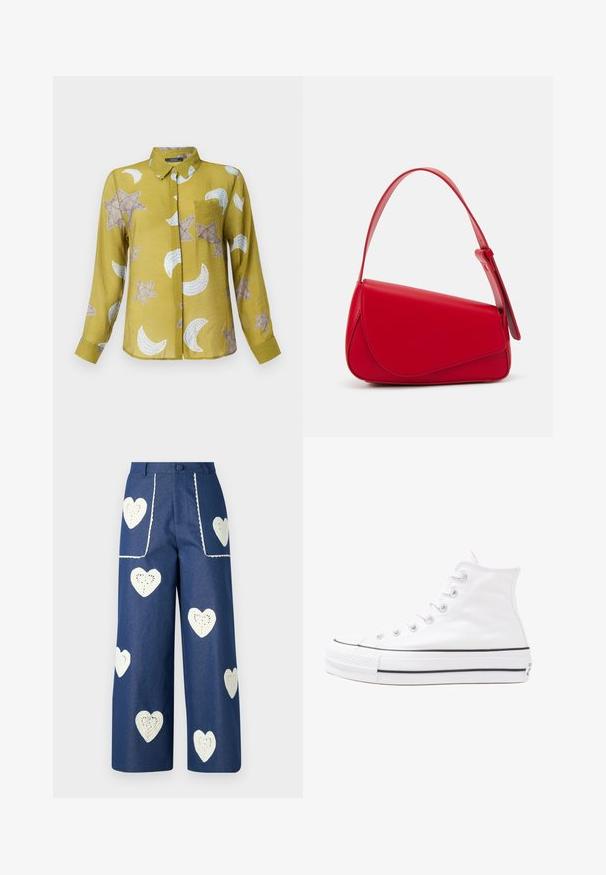 Hosszú ujjas, galléros ing olajzöld színben, bézs és fehér csillag és félhold mintákkal. Könnyű anyag, sima tapintással.; Sister Jane HEART TO HEART - Egyenes szárú farmer - blue denim; Fehér magaskorsó vászon sportcipő fekete gumi talppal, elülső gumi orrnyereggel és hat fűzőlyukkal, letisztult, minimalista dizájnnal.; Piros bőr kézitáska szögletes, geometrikus kialakítással. Egy állítható pánttal és varrott részletekkel ellátott fedélzárral rendelkezik.