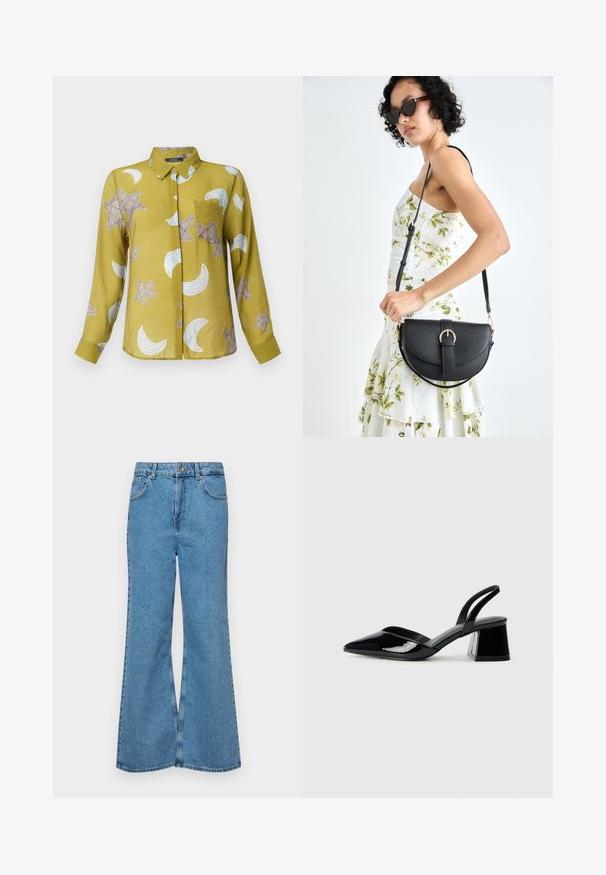 Camicia a maniche lunghe con colletto di colore verde oliva, decorata con motivi di stelle e lune crescenti in beige e bianco. Tessuto leggero con una consistenza liscia.; Jeans svasati di un blu chiaro, realizzati in denim, con vita alta, cinque tasche e chiusura a un bottone. Morbido al tatto con una finitura scolorita.; Décolleté in vernice nera con punta affusolata e tacco in geometria cubica. Presentano un design elegante e minimalista, con una texture liscia.; Borsa a tracolla nera in pelle con una forma curva, manico rimovibile e accessori dorati. La borsa presenta una patta con un dettaglio a fibbia.