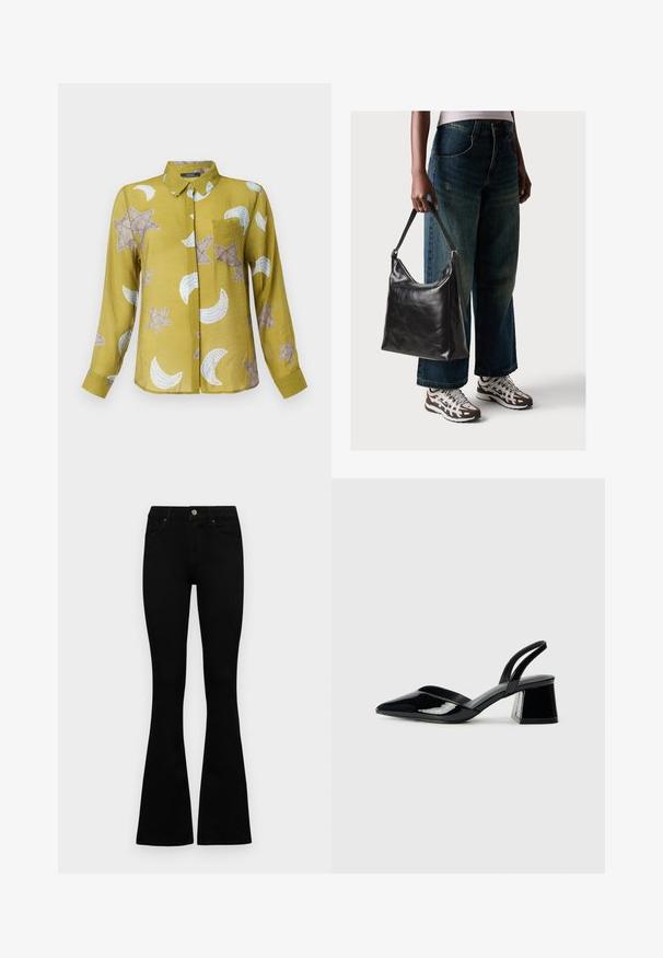 Long-sleeve, collared shirt in olive green with star and crescent moon patterns in beige and white. Lightweight fabric with a smooth texture.; Black high-waist jeans with a button and zip closure, front pockets, and flared legs laid flat on a white background.; Black patent leather slingback heels with a pointed toe and a geometric block heel. Features a sleek, minimal design and smooth texture.; Black leather shoulder bag with a smooth texture and adjustable strap, paired with faded wide-leg jeans and athletic sneakers.