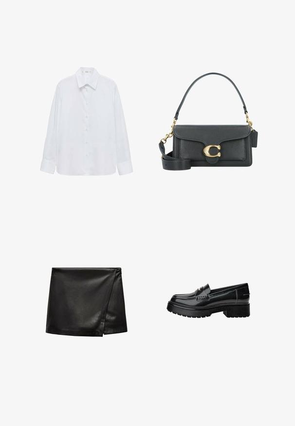 Camicia bianca a maniche lunghe con bottoni, caratterizzata da un colletto classico, una texture liscia e una leggera lucentezza. Bottoni lungo la parte anteriore, maniche con polsini.; Mini gonna in pelle nera con design avvolgente, caratterizzata da una texture liscia e uno stile minimalista. Nessuna ferramenta o motivo visibile.; Mocassini in vernice nera con suola spessa, caratterizzati da una fascia decorativa e dettagli di cucitura discreti. Texture gommoso sulla suola.; Borsa a tracolla in pelle nera con accessori in metallo dorato, dotata di una chiusura distintiva, di una tracolla rimovibile e di una superficie texturizzata.