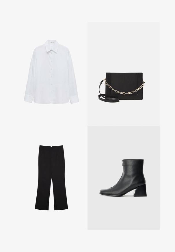 Camicia bianca a maniche lunghe con bottoni, caratterizzata da un colletto classico, una texture liscia e una leggera lucentezza. Bottoni lungo la parte anteriore, maniche con polsini.; Pantaloni neri a gamba dritta, con tasche frontali e spacchi laterali all'orlo. Realizzati in tessuto morbido e liscio. Adatti a diverse occasioni.; Stivaletto in pelle nera con punta quadrata, cerniera laterale e tacco squadrato su sfondo chiaro uniforme.; Borsa a tracolla nera in pelle con una texture liscia, forma rettangolare e dettaglio in catena metallica sul davanti. Inclusa una tracolla regolabile.