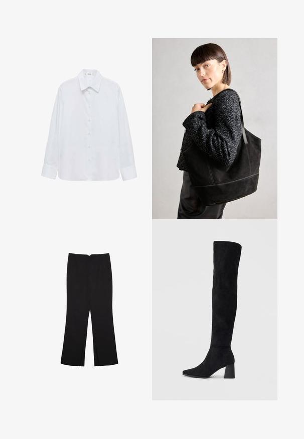 Weiße, langärmlige, knöpfbare Bluse mit klassischem Kragen, glatter Textur und subtiler Schattierung. Knöpfe entlang der Front, mit geknöpften Ärmeln.; Schwarze Hose mit geradem Schnitt, ausgestattet mit Fronttaschen und Seitenschlitzen am Saum. Hergestellt aus weichem, glattem Stoff. Geeignet für verschiedene Anlässe.; Schwarze Wildleder-Stiefel bis zum Knie mit Blockabsatz, spitzer Zehe und glattem, nahtlosem Design auf einem schlichten, hellen Hintergrund.; Schwarze Wildleder-Tote-Tasche mit glatter Textur, strukturiertem Design und kontrastierenden Nähten. Verfügt über lange Träger zum Tragen über der Schulter.