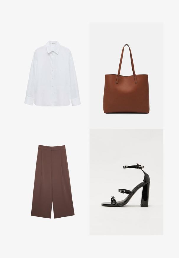 White long-sleeve button-up shirt featuring a classic collar, smooth texture, and subtle sheen. Buttons along the front, cuffed sleeves.; Brown wide-leg trousers with a smooth texture, featuring a high waist and front pleats. The fabric is lightweight and flows loosely.; Black patent heeled sandals with a square toe, ankle straps, and silver buckles. Features a chunky block heel for stability.; Brown leather tote bag with a smooth texture, open top design, and two shoulder straps. Features minimal stitching and no visible hardware.
