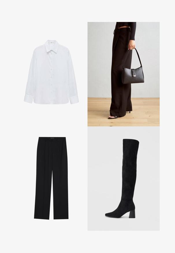 Bílá košile s dlouhým rukávem, která má klasický límeček, hladký povrch a jemný lesk. Knoflíky vpředu, manžety na rukávech.; Černé kalhoty se střihem rovného nohavice, které mají dvě přední kapsy a pas. Vyrobené z hladkého, lehkého materiálu.; Černé semišové vysoké boty s blokovým podpatkem, špičatou špičkou a hladkým, bezšvovým designem na jednoduchém světlém pozadí.; Černá kabelka se strukturovaným tvarem, hladkým povrchem a kovovým uzávěrem. Kombinována s širokými černými kalhotami a sandály s otevřenou špičkou na dřevěné podlaze.