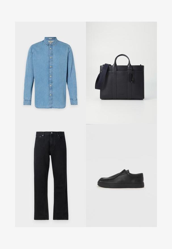 Lichtblauwe denimoverhemd met een knoopsluiting aan de voorkant, lange mouwen, een klassieke kraag en een rechte zoom. Heeft gouden knopen en subtiele stiksels.; Zwarte denim jeans met een rechte pijpdesign, voorzien van een knoopsluiting, vijf zakkenstijl en subtiele stikseldetails.; Zwarte leren instapschoen met een ronde neus, gestikte details en een zwarte rubberen zool. Soepele textuur met een minimalistisch ontwerp.; Donkerblauwe leren aktetas met dubbele bovenhandgrepen en een afneembare schouderband. Kenmerkt zich door een gestructureerde afwerking, verticale stiksels en een logo-detail.